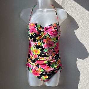 Lauren Ralph Lauren‎ Floral Halter One-Piece Swimsuit 10 Pink Yellow Ruched